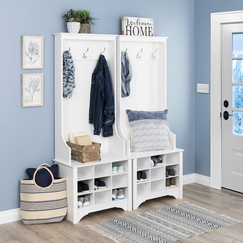 Prepac Hall Tree with Bench and Shoe Storage, Mudroom Bench with Storage and Hooks