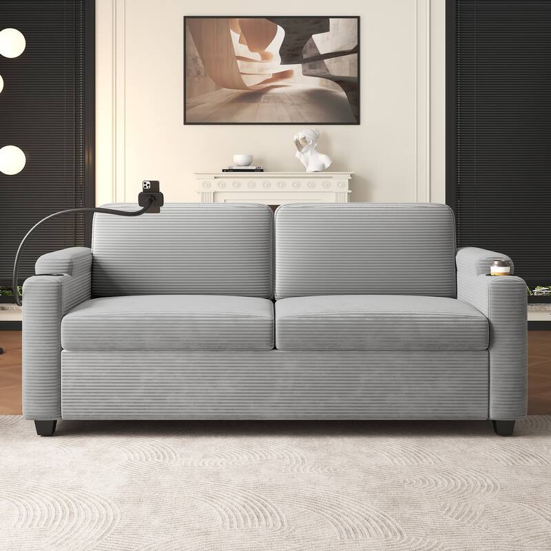 72.8" Corduroy Sleeper Sofa with Full Size Mattress and USB Ports, Loveseat Sofa with Cup Holders and Side Pockets - Grey