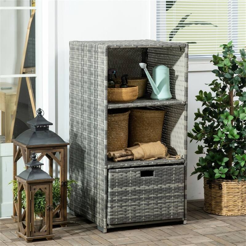 Gray PE Rattan and Steel Pool Storage Rack Towel Valet for Outdoor Patio Bathroom and Spa Organization - 23.5" x 23.5" x 47.25"