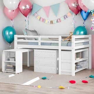 Low Study Full Loft Bed with Cabinet and Rolling Portable Desk, White
