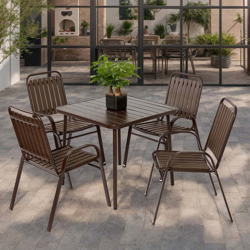 5-Piece Outdoor Casual Dining Table Set with 4 Plastic Chairs Patio Square Coffee Table Poolside Picnic Beer Table