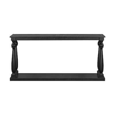 Vintage Wood Grain Console Table with Bottom Shelf, 63" Extra Long Entryway Table Solid Wood Sofa Table with Sculptural Vase Leg