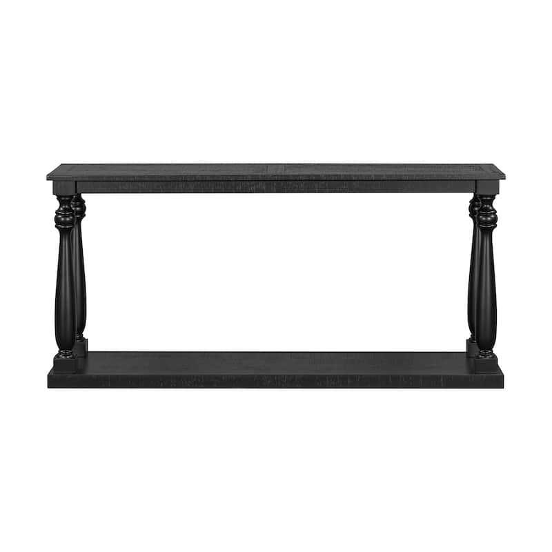 Vintage Wood Grain Console Table with Bottom Shelf and 4 Vase Legs