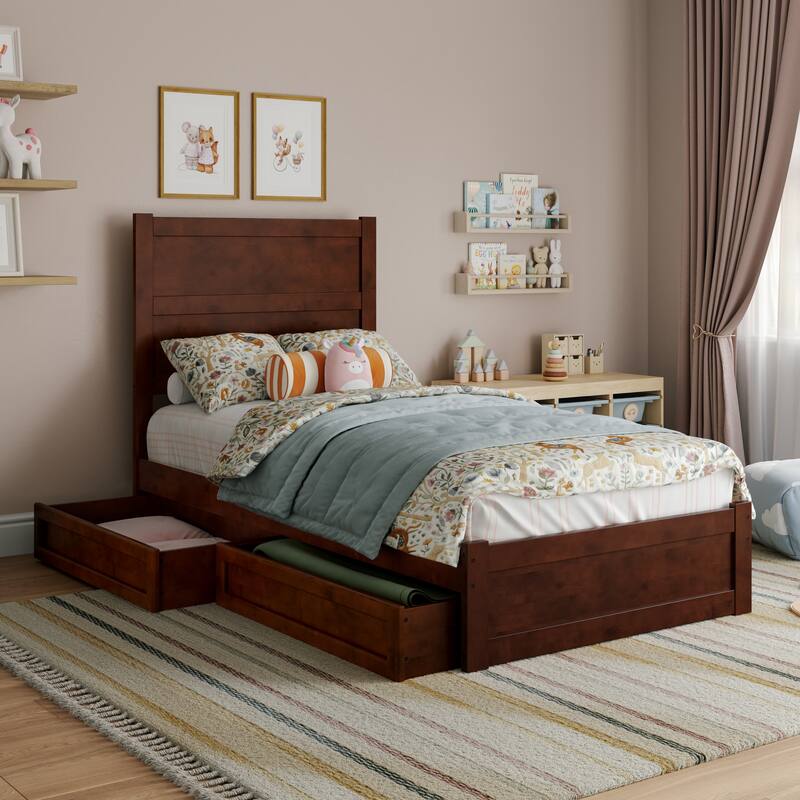 Aveline Wood Platform Bed with Matching Footboard & Storage Drawers - Twin - Walnut