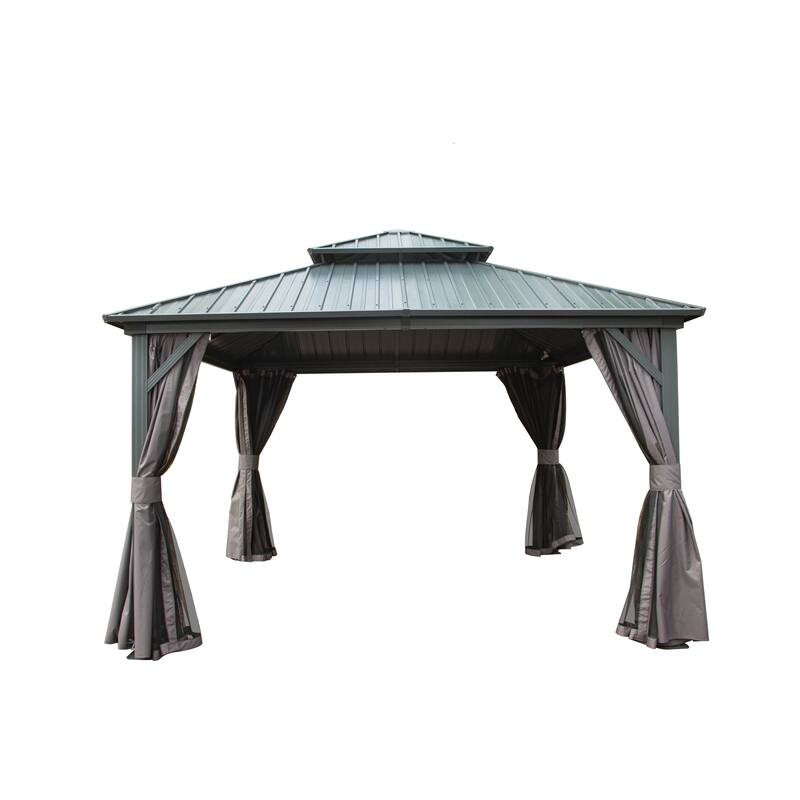 12' X 12' Aluminum Hardtop Gazebo with Steel Roof, Curtains, and Netting for Outdoor Use - Grey