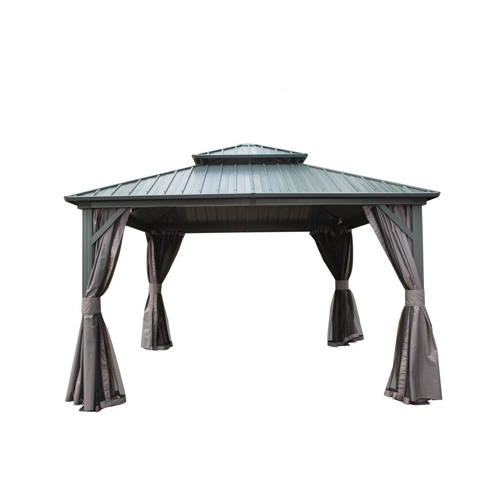 Outdoor Hardtop Gazebo, Aluminum Metal Gazebo with Galvanized Steel Double Roof Canopy, Curtain and Netting