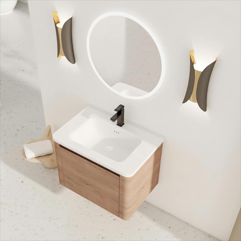28'' Wall-Mounted Bathroom Vanity with White Ceramic Sink & 1-Soft-Close Door, KD-Packing, Plywood - Imitative Oak