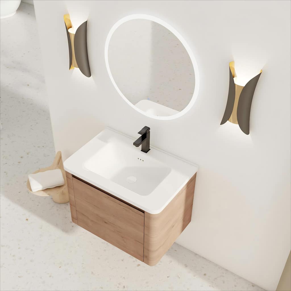 28'' Wall-Mounted Bathroom Vanity with White Ceramic Sink & 1-Soft-Close Door, KD-Packing, Plywood
