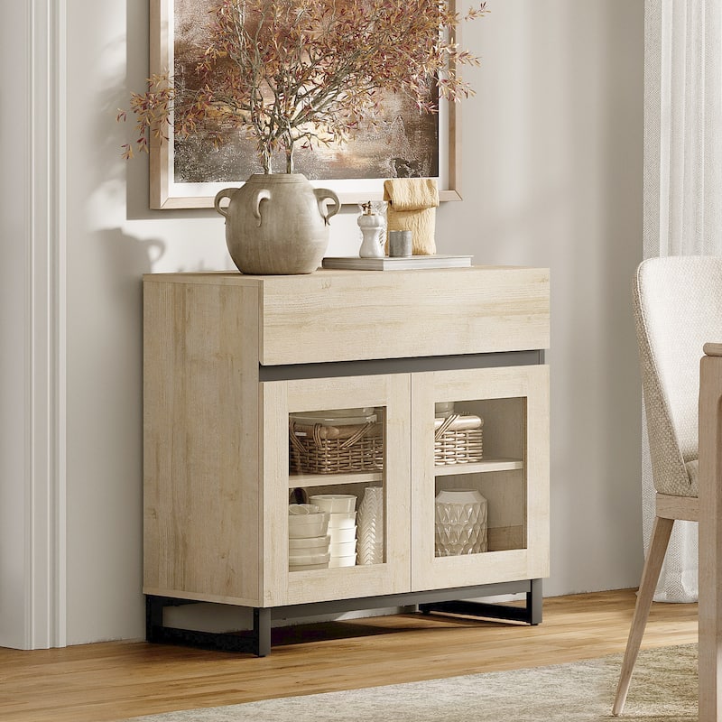 WAMPAT Multifunctional Sideboard Buffet Cabinets with 6 Glass Doors and Drawers, Modern Sideboard, Coffee Bar Storage Cabinet - 1PACK - Beige