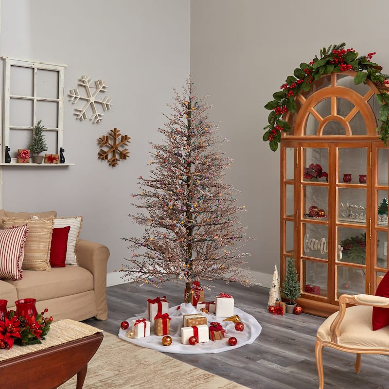 7ft. Frosted Berry Twig Artificial Christmas Tree with 450 Multicolor Gum Ball LED Lights & 1192 Branches - Vibrant X-Mas Tree