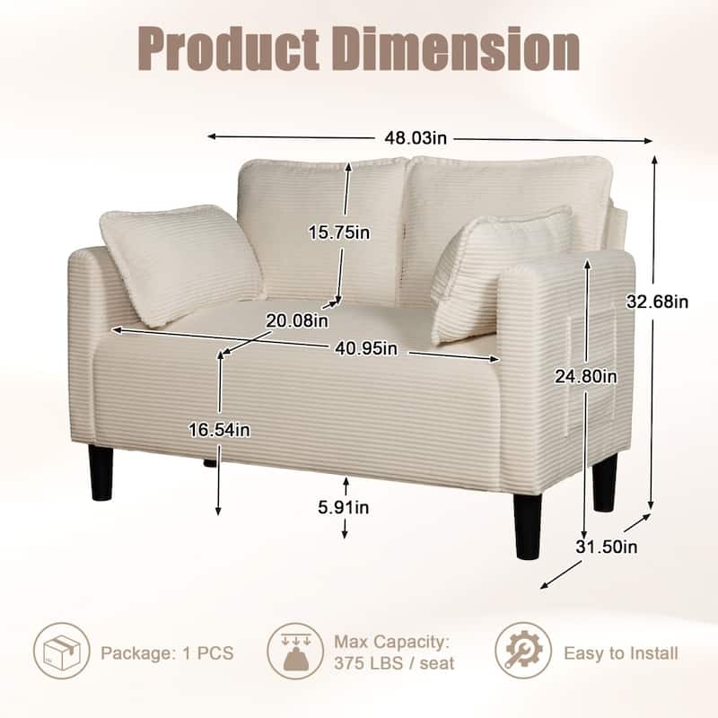 48.03" Soft Corduroy 2-Seater Sofa with Side Storage Pocket