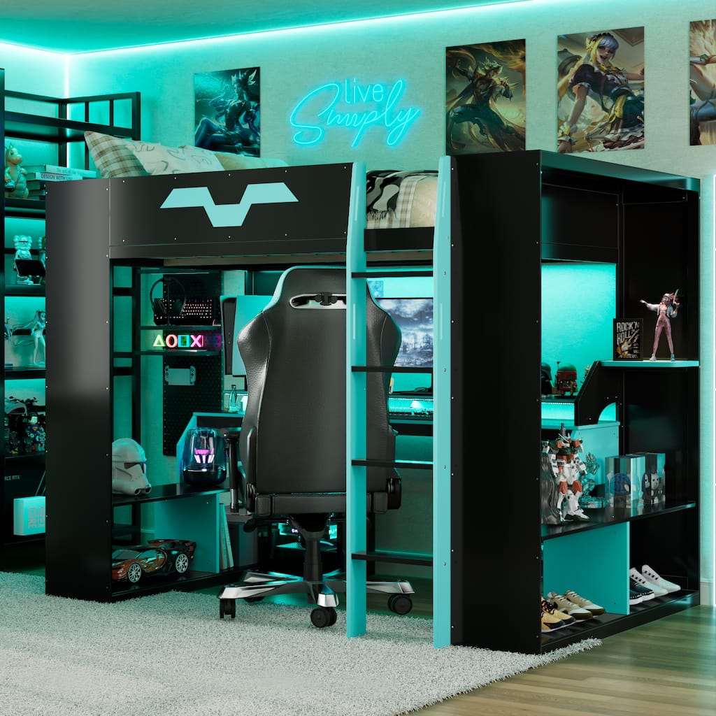 Roomfitters Full Gaming Loft Bed with Power Hub, RGB Lights and Cable Management