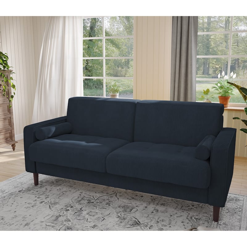Modern Corduroy 2 Seater Sofa with Bolster Pillows - Navy Blue