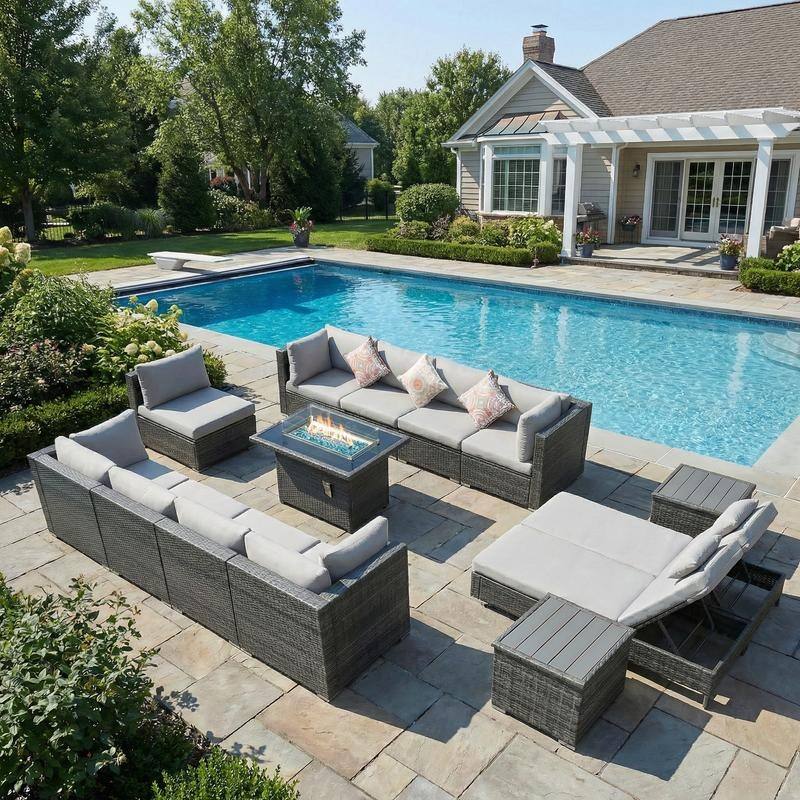 Outdoor Sectional Conversation Set PE Wicker with Double Chaise Lounge, 60,000 BTU Fire Pit Table - 12-Piece/Table - Light Gray