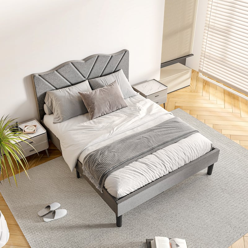 Queen Size Upholstered Bed Frame with Wooden Slats, Padded Headboard, Heavy-Duty Support, No Box Spring Required