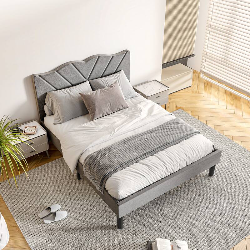 Upholstered Platform Bed, Twin Size, Grey with Padded Headboard & Heavy-Duty Metal Frame