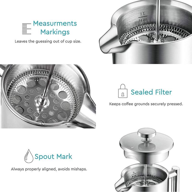 French Press Coffee Maker – Insulated Coffee Press Stainless Steel 304 – Coffee Spoon, Double Wall, & 4 Level Filtration System