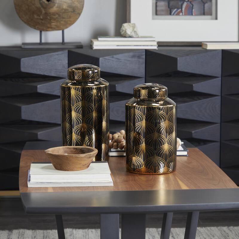 Ceramic Geometric or Floral Living Room Decorative Jars - Set of 2 White, Gold, Silver, Black, Blue - Roche River Decor