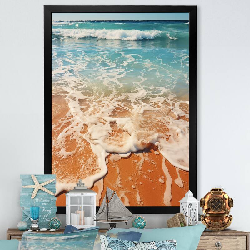 Designart "Tropical Beach Aerial View I" Coastal Beach Wall Decor White - Coastal Bedroom Framed Canvas Wall Art - 34 in. wide x 44 in. high - Black