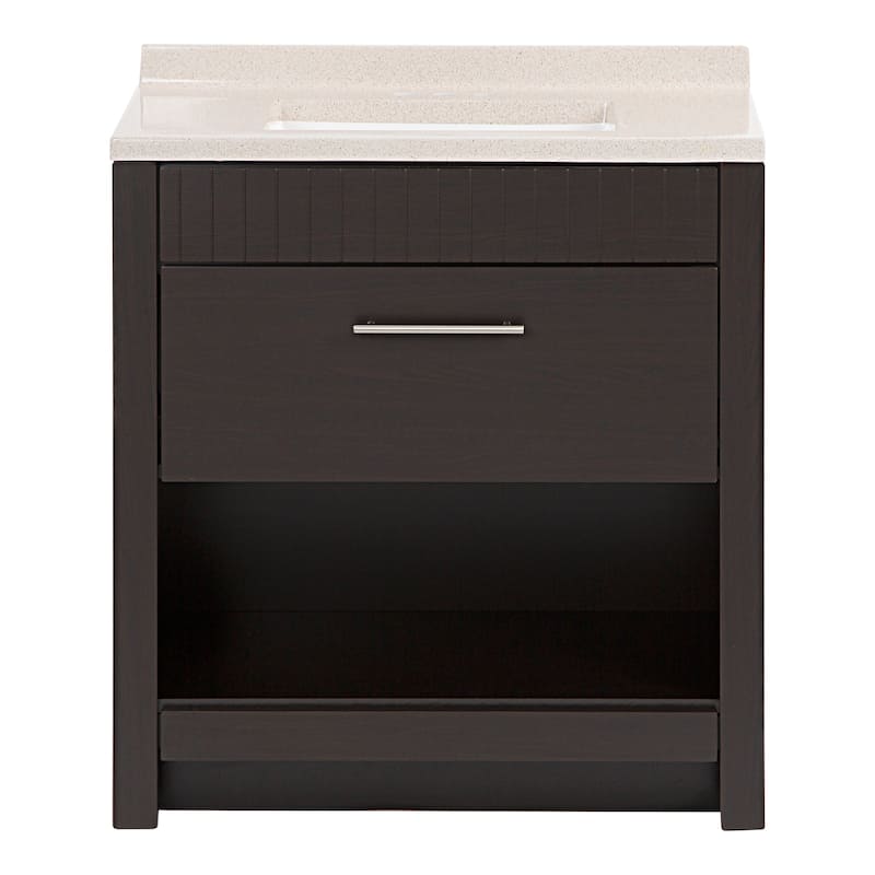 Brooksley Ebony Oak Bathroom Vanity With Drawer, Open Shelf, and Sink Top