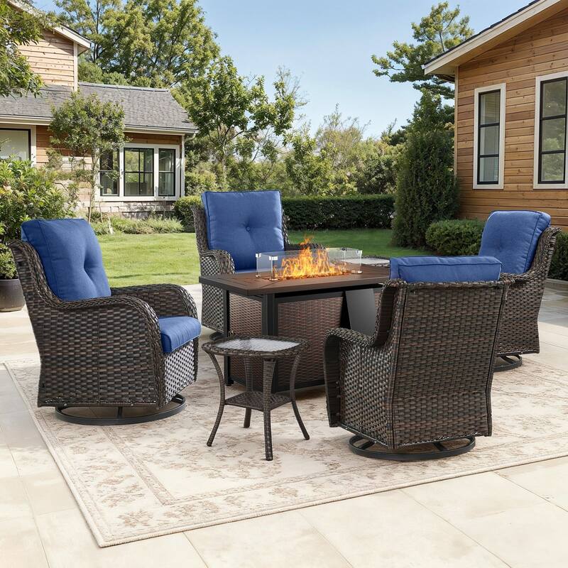 Gymojoy 7-Piece Outdoor Wicker Set with 4 Swivel Rockers & 55,000 BTU Fire Pit Table for Patio