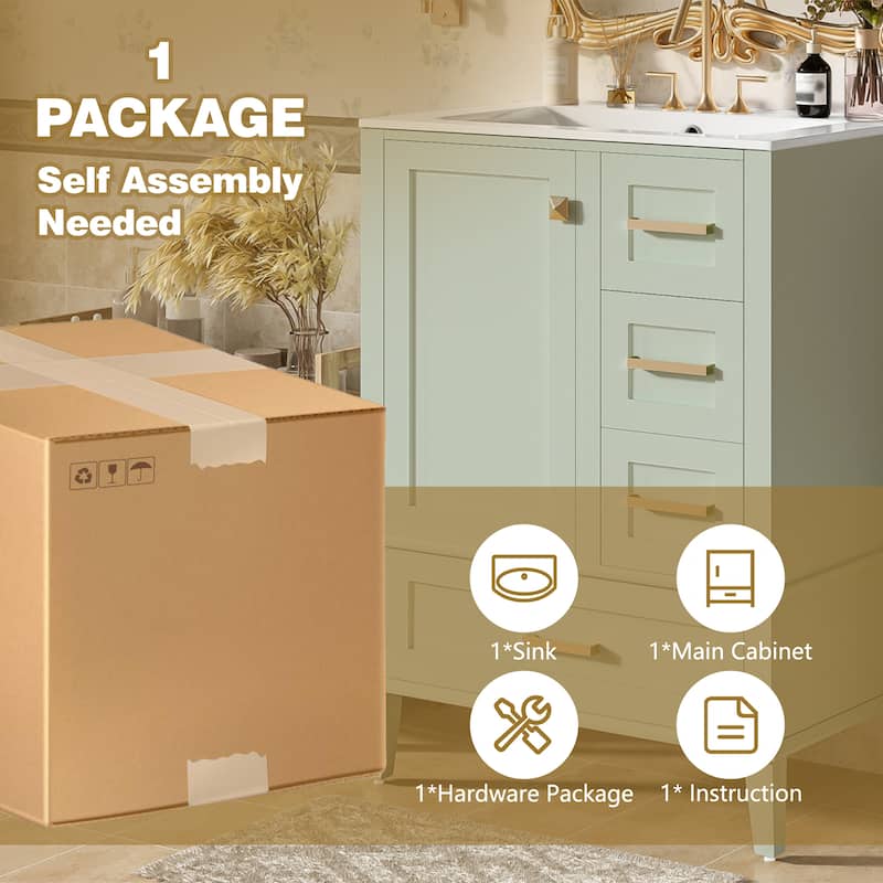 24.8" Bathroom Vanity with Ceramic Sink, Modern Freestanding Cabinet Featuring Soft-Close Door, Deep Drawer