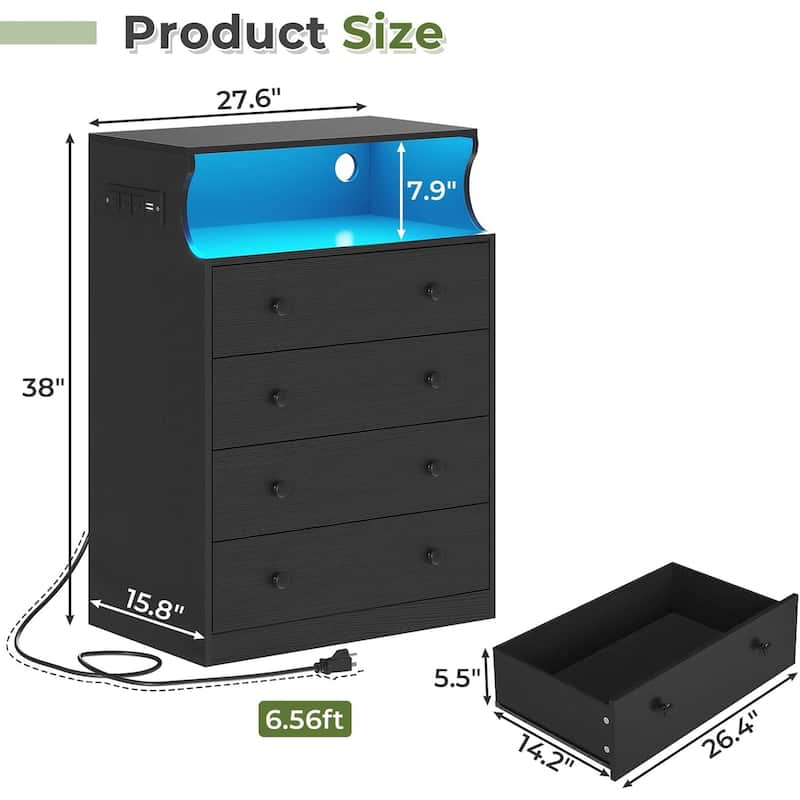 Dresser Charging Station 4 Drawers LED Dresser for Bedroom