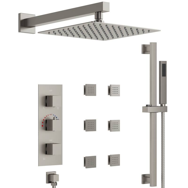 Thermostatic Shower System 12" High-Pressure Rainfall Shower Head with Slide Bar Hand Shower - Brushed Nickel