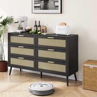 Rattan 6-Drawer Chest for Bedroom, Modern Wide Dresser with Gold Handles,  Boho Storage Cabinet for Living Room, Entryway, Black - Bed Bath & Beyond -  42283387