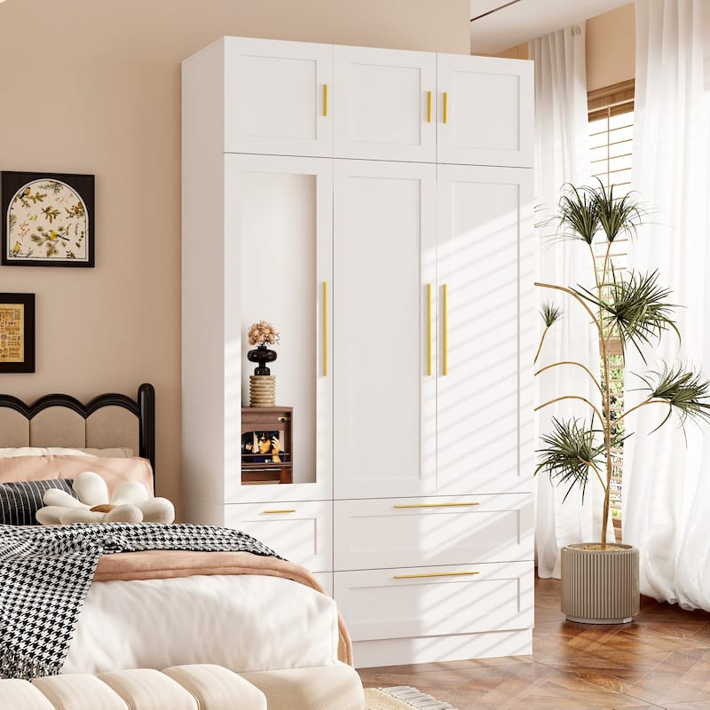Modern White Wardrobe Closet with Mirror - Multi-Functional Bedroom Storage Cabinet