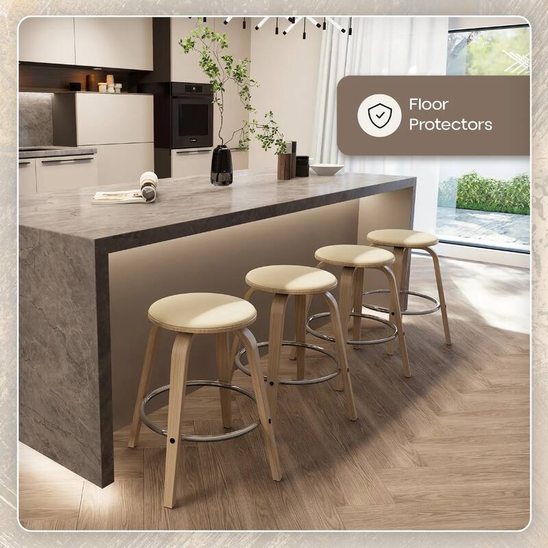 Pelya Leather Swivel Round Counter Stool with Wood Legs and Chrome Footrest for Kitchen Island or Dining Area Set of 2