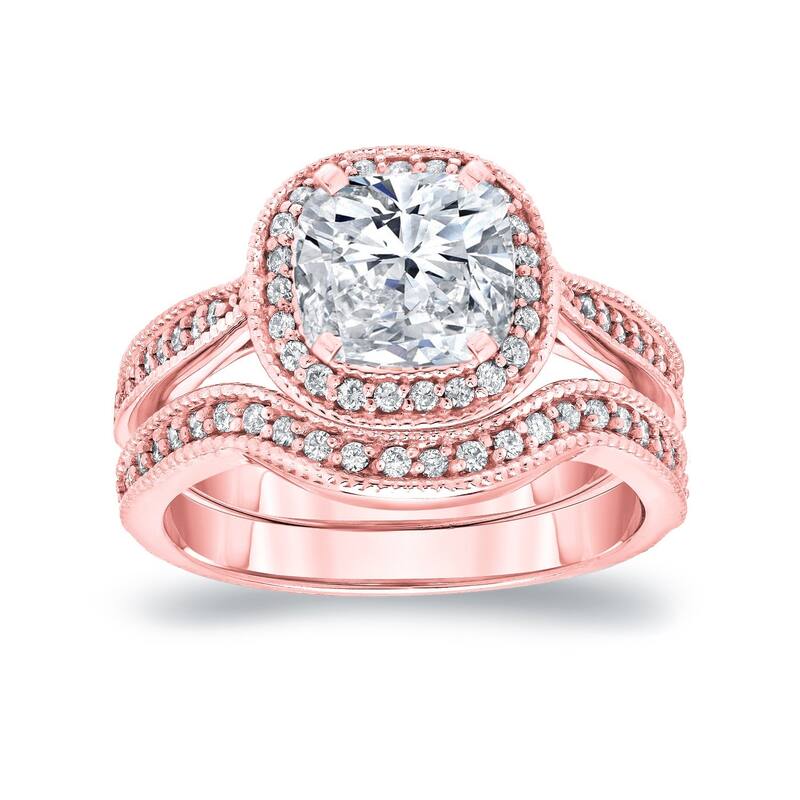 Auriya 14k Gold 1 1/2ctw Vintage Cushion-cut Halo Diamond Engagement Ring Set - Rose - 4
