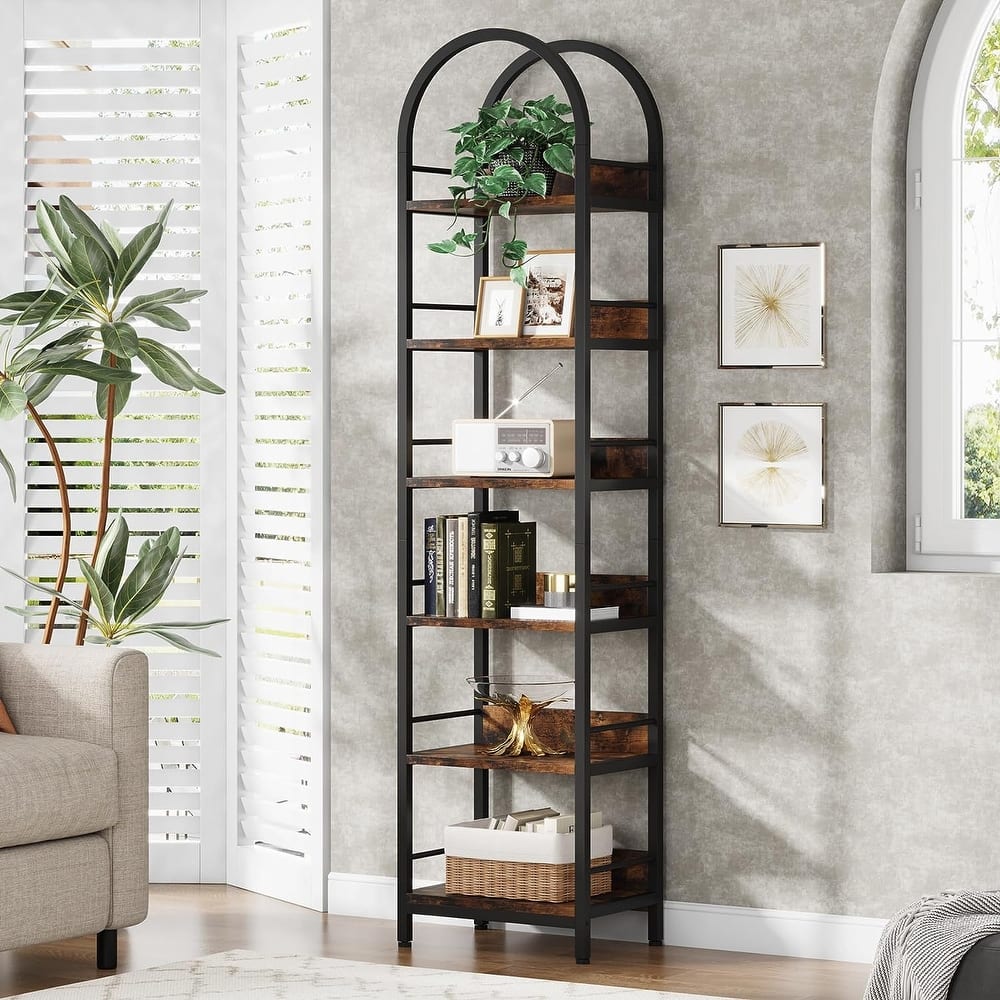 6-Tier Open Bookshelf, 78.7" Tall Arched Display Shelf Rack, Brown