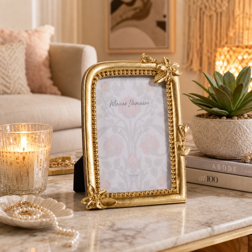 Decorative Floral Beaded Polyresin Picture Frame - 8", Gold