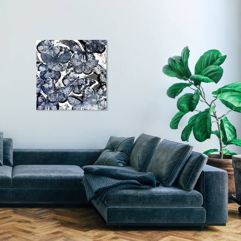 Wynwood Studio Canvas Animals Butterfly Lovers Blue Silver Blue and Dark Blue Farmhouse Wall Art Canvas Print - 30 x 30