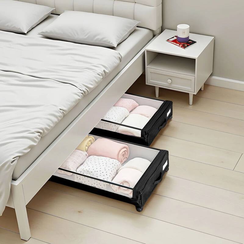 2 Pack Under Bed Storage Fabric Rolling Container with Casters and Clear Top Side Label Slots - 30.3 x 18.5 x 6.8 inch
