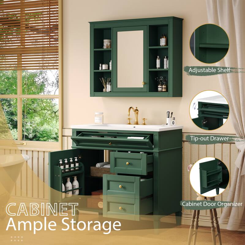 Freestanding Bathroom Vanity & Wall Mounted Mirror Cabinet Set with Resin Sink, Open Shelves, Drawers and Adjustable Shelves