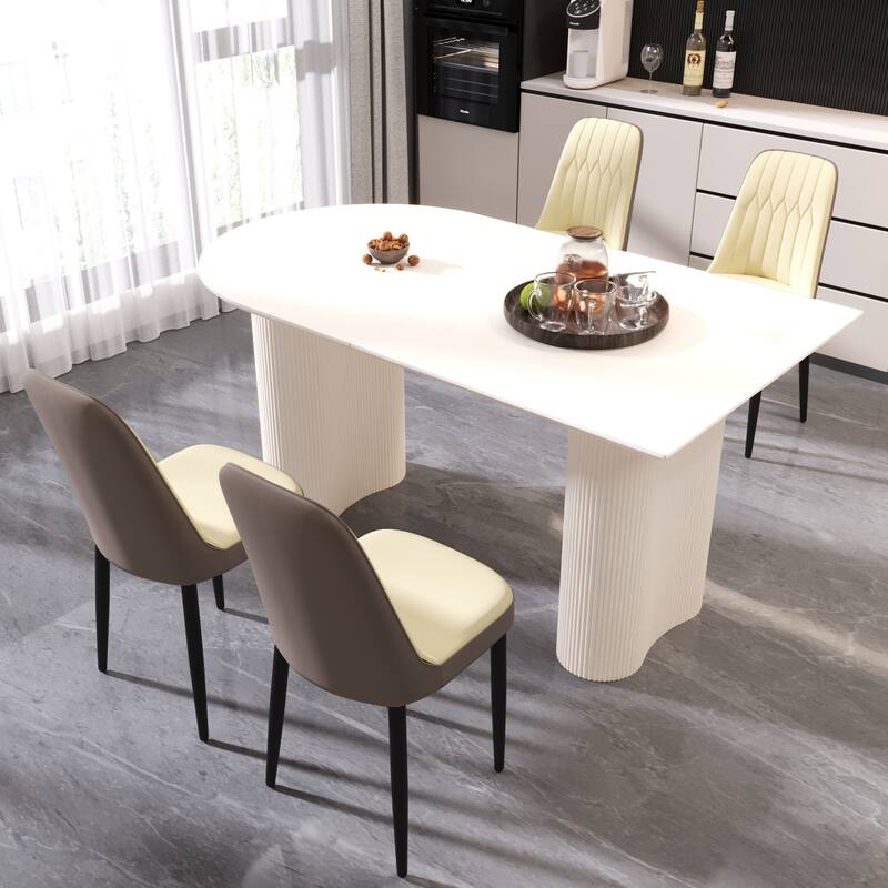 5-Piece Dining Cream MDF Table and 4 Ergonomic PU Chairs Set with for Dinners and Gatherings