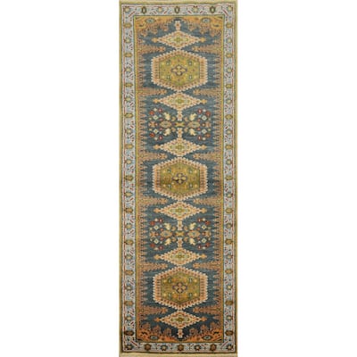 Hand Knotted Oriental 100% Wool Carpet Traditional Geometric Navy Blue & Blues Viss Runner Rug - 8' 9'' X 2' 7''