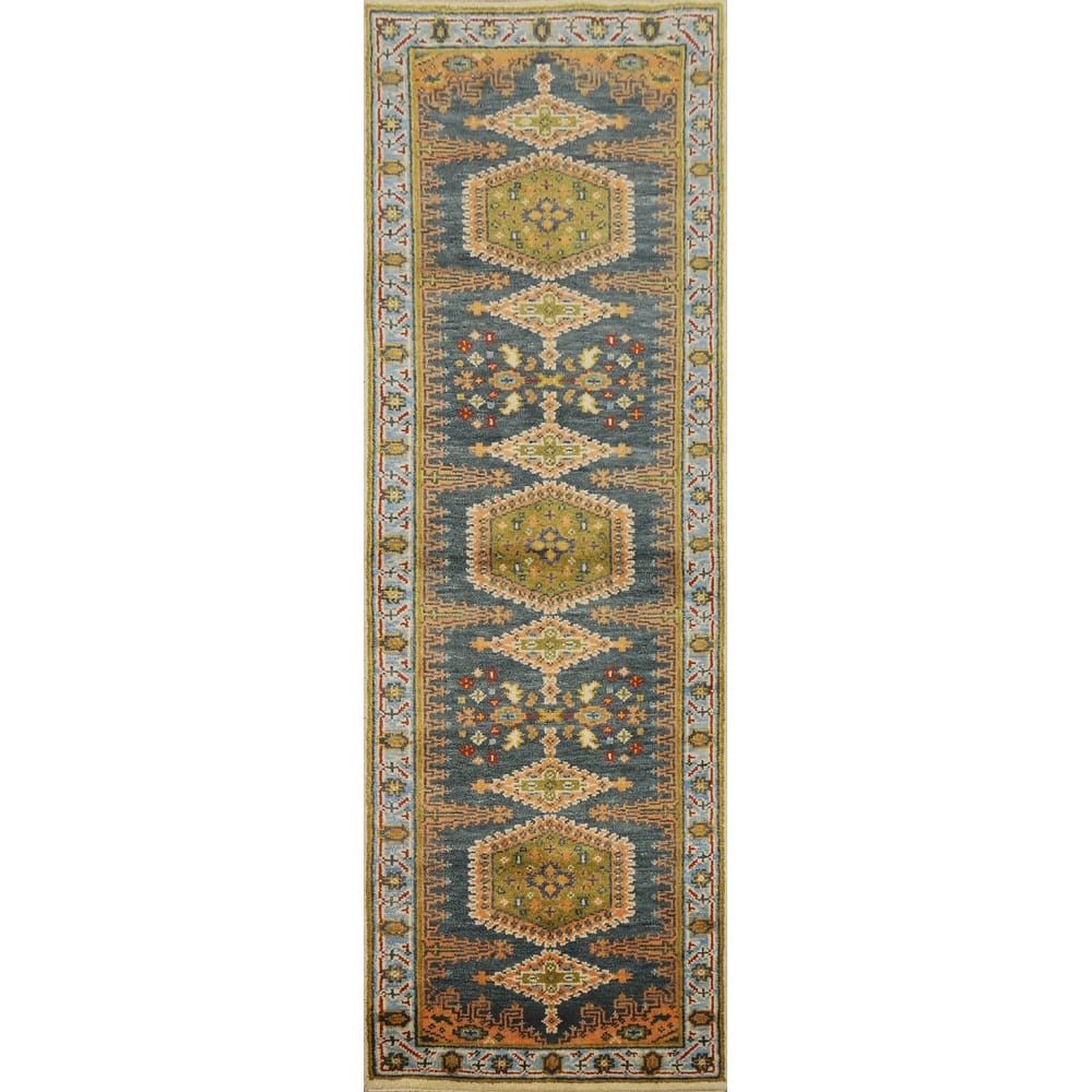 Hand Knotted Oriental 100% Wool Carpet Traditional Geometric Navy Blue & Blues Viss Runner Rug - 8' 9'' X 2' 7''
