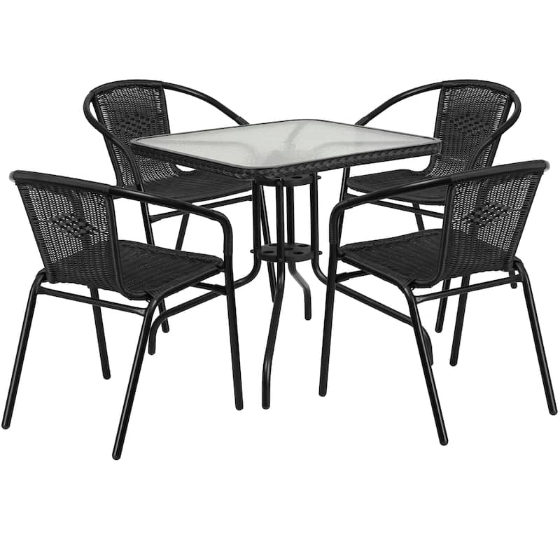 5-Piece Square Indoor/Outdoor Patio Table and Rattan Chairs Set - 28"W x 28"D x 28"H - Clear Top/Black Rattan