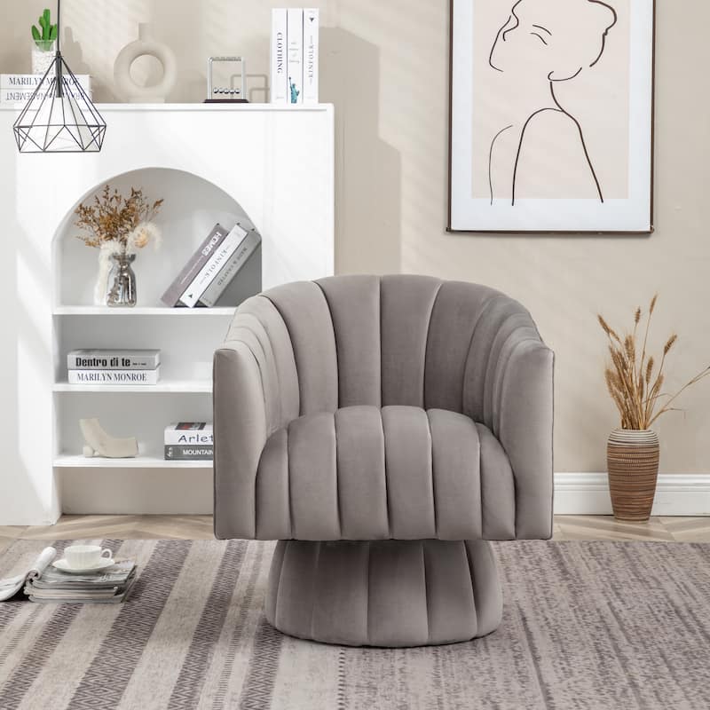 SEYNAR Modern Glam Velvet Upholstered Round Swivel Accent Arm Barrel Chair for Living Room - Grey