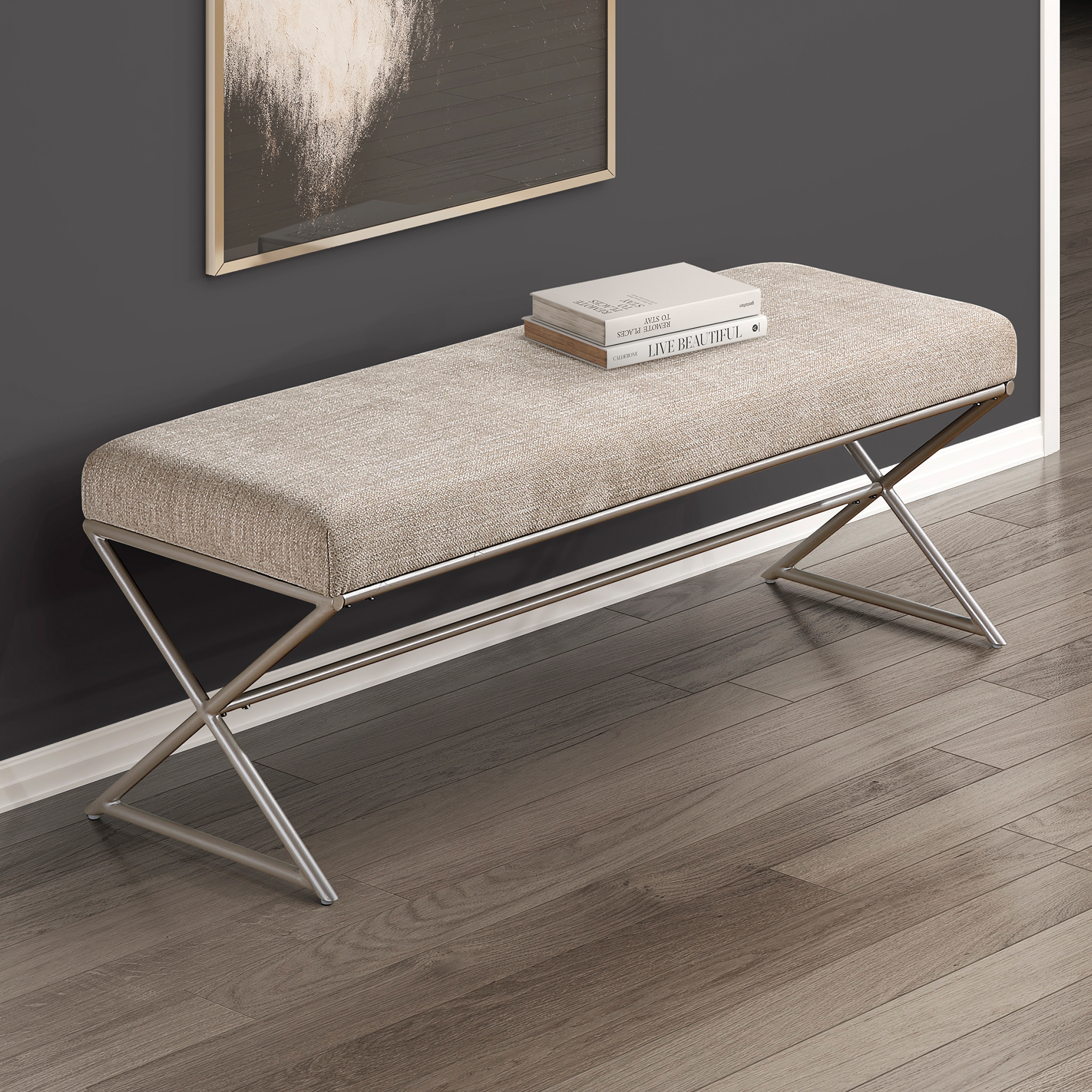 Fremont & Park Catalina 48" Chenille Bench - Champagne Finish Iron Metal Frame