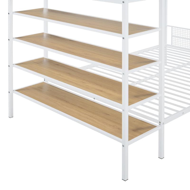 Twin Over Full Metal Bunk Bed with 5-Tier Shelves, 92.7"L x 56"W x 67"H