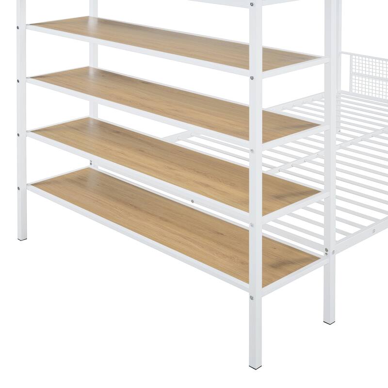 Twin Over Full Metal Bunk Bed with 5-Tier Shelves & Storage - 350LB Capacity