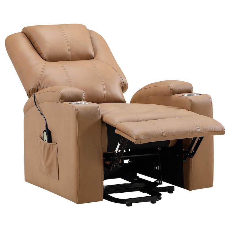 Stoy Power Lift Recliner Chair, Massage, 36 Inch Brown Faux Leather