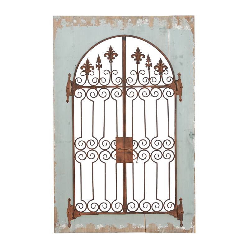 Blue Wood Arched Windowpane Fleur De Lis Home Wall Decor with Rust Metal Scrolled Gate