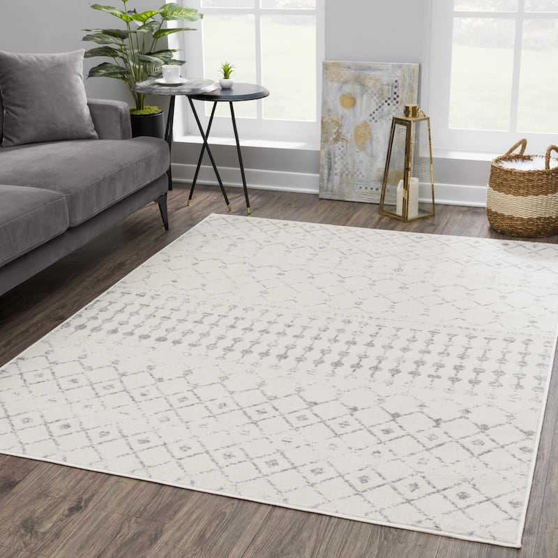 Tigris Tanu Moroccan Trellis Farmhouse Boho Area Rug - 2' x 3' - Cream, Beige, Grey, Ivory