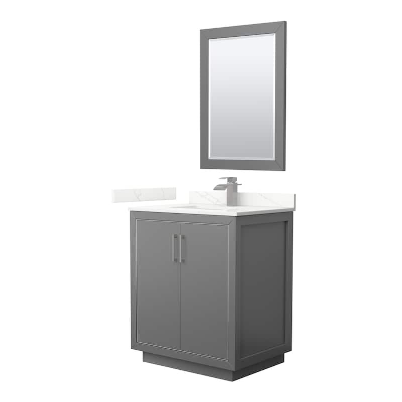 Icon 30-inch Single Vanity, Quartz Top, 24-inch Mirror - Dark Gray, Nickel Trim, Giotto Quartz Top