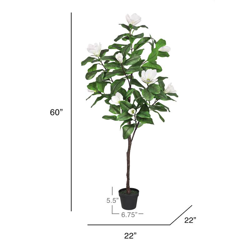 5ft Real Touch White Artificial Magnolia Flower Tree in Black Pot - 60" H x 22" W x 22" DP